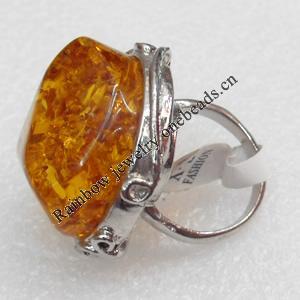 Imitate Amber Ring with metal alloy set, Head size:33mm, Sold by Dozen