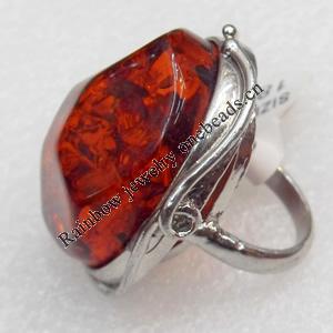 Imitate Amber Ring with metal alloy set, Head size:33x38mm, Sold by Dozen
