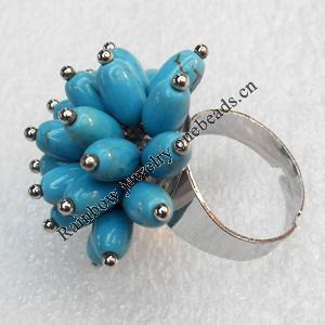Iron Ring with Turquoise Beads, Mix colour, Flower:about 28mm, Ring: 18mm inner diameter, 4.5-7mm wide, Sold by Box