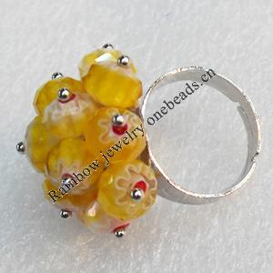 Iron Ring with Millefiori Glass, Mix colour, Flower:about 28mm, Ring: 18mm inner diameter, 4.5-7mm wide, Sold by Box