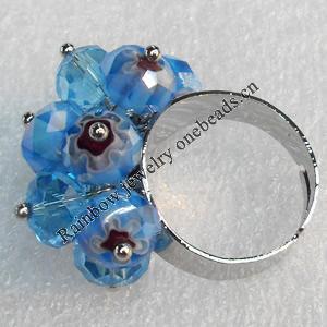 Iron Ring with Millefiori Glass, Mix colour, Flower:about 27x16mm, Ring: 18mm inner diameter, 4.5-7mm wide,4.5-7mm wide,