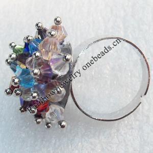 Iron Ring with Crystal Beads, Flower:about 23mm in diameter, Ring: 18mm inner diameter, 4.5-7mm wide, Sold by Box