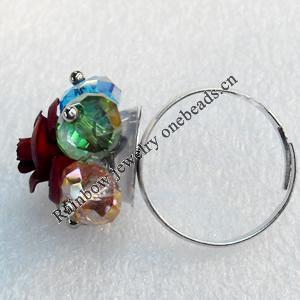Iron Ring with Crystal Beads, Flower:about 19mm in diameter, Ring: 18mm inner diameter, 4.5-7mm wide, Sold by Box