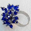 Iron Ring with Crystal Beads, Mix colour, Flower:about 30mm, Ring: 18mm inner diameter, 4.5-7mm wide, Sold by Box