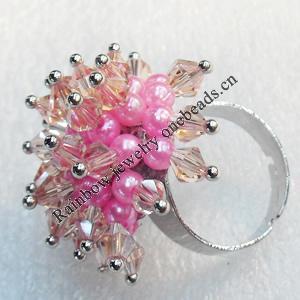 Iron Ring with Crystal Beads, Mix colour, Flower:about 30mm, Ring: 18mm inner diameter, 4.5-7mm wide, Sold by Box