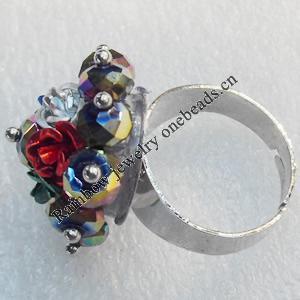 Iron Ring with Crystal Beads, Flower:about 25mm in diameter, Ring: 18mm inner diameter, 4.5-7mm wide, Sold by Box