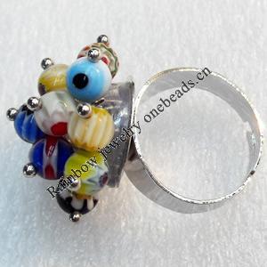 Iron Ring with Millefiori Glass, Mix colour, Flower:about 25mm, Ring: 18mm inner diameter, 4.5-7mm wide, Sold by Box