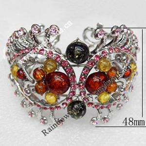 Bracelet, Imitate Amber Beads and Crystal Beads on a Zinc Alloy frame, width:48mm, Outer diameter:65mm, Sold by PC 