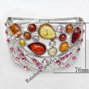 Bracelet, Imitate Amber Beads and Crystal Beads on a Zinc Alloy frame, width:76mm, Outer diameter:76mm, Sold by PC