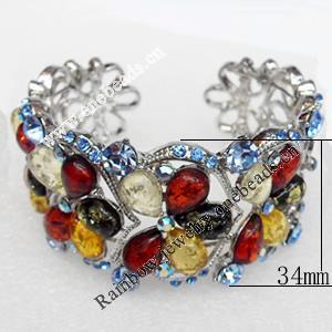 Bracelet, Imitate Amber Beads and Crystal Beads on a Zinc Alloy frame, width:34mm, Outer diameter:80mm, Sold by PC