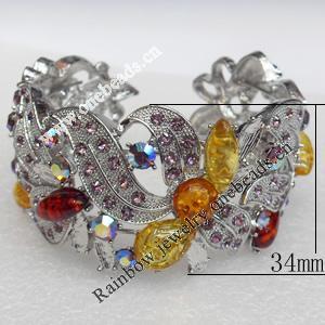 Bracelet, Imitate Amber Beads and Crystal Beads on a Zinc Alloy frame, width:34mm, Outer diameter:80mm, Sold by PC