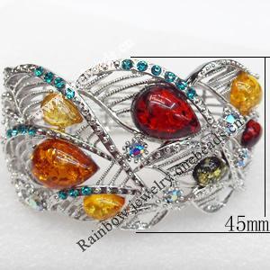 Bracelet, Imitate Amber Beads and Crystal Beads on a Zinc Alloy frame, width:45mm, Outer diameter:73mm, Sold by PC