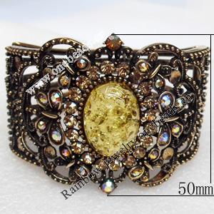Bracelet, Imitate Amber Beads and Crystal Beads on a Zinc Alloy frame, width:50mm, Outer diameter:75mm, Sold by PC