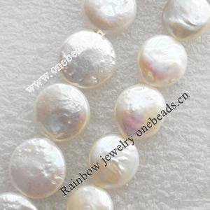 Natural Fresh Water Pearl Beads, Coin, White, Beads: about 12x5mm in diameter, Hole: 1mm, Sold per 14-inch Strand