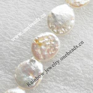 Natural Fresh Water Pearl Beads, Coin, White, Beads: about 15mm in diameter, Hole: 1mm, Sold per 14-inch Strand