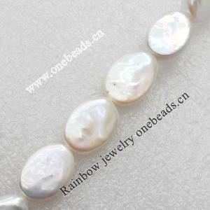 Natural Fresh Water Pearl Beads, Flat Oval, White, Beads: about 12x17mm in diameter, Hole: 1mm, Sold per 14-inch Strand
