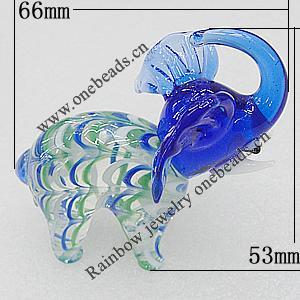 Lampwork Glass Decorations, Elephant 66x53mm, Sold by PC