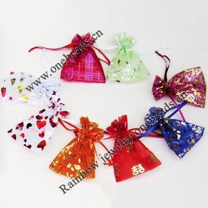 Organza Gift Jewelry Bag, Mixed Color, Golden Flower Pattern, about 7cm wide, 9cm long, Sold by Group