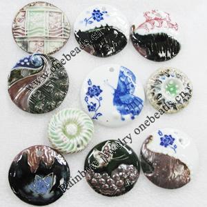 Printed Porcelain Pendant, Round, Mixed style & Mixed Color, about 64-97mm, Sold by Group