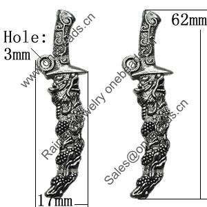 Pendant Zinc Alloy Jewelry Findings Lead-free, 62x17mm Hole:3mm, Sold by Bag