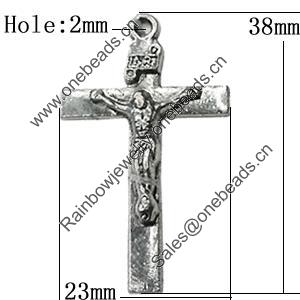 Pendant Zinc Alloy Jewelry Findings Lead-free, Cross 38x23mm Hole:2mm, Sold by Bag