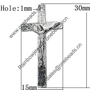 Pendant Zinc Alloy Jewelry Findings Lead-free, Cross 30x15mm Hole:1mm, Sold by Bag