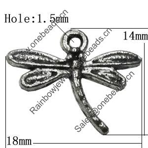 Pendant Zinc Alloy Jewelry Findings Lead-free, Dragonfly 18x14mm Hole:1.5mm, Sold by Bag