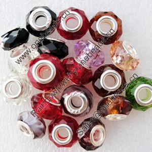 Handmade European Style Crystal Beads, Mix colour, Platina Plated Color Copper Core, 9x14mm Hole:approx 5mm, Sold by Bag