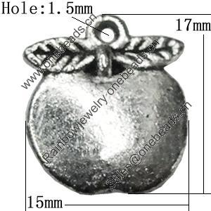 Pendant Zinc Alloy Jewelry Findings Lead-free, Apple 17x15mm Hole:1.5mm, Sold by Bag