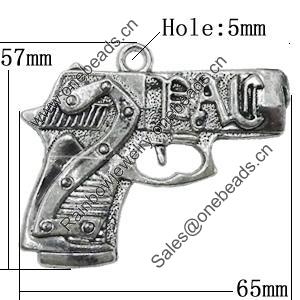 Pendant Zinc Alloy Jewelry Findings Lead-free, Handgun 65x57mm Hole:5mm, Sold by Bag