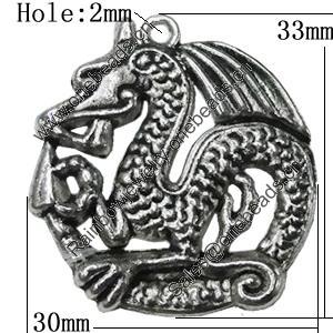 Pendant Zinc Alloy Jewelry Findings Lead-free, Dragon 32x30mm Hole:2mm, Sold by Bag