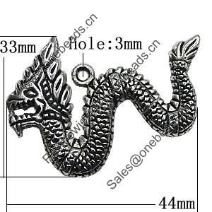 Pendant Zinc Alloy Jewelry Findings Lead-free, Dragon 44x33mm Hole:3mm, Sold by Bag