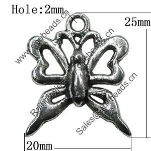 Pendant Zinc Alloy Jewelry Findings Lead-free, Butterfly 25x20mm Hole:2mm, Sold by Bag
