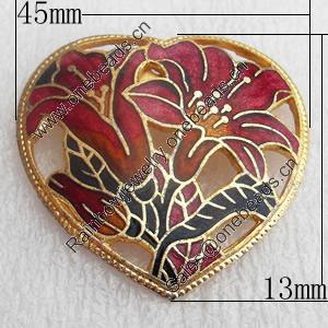 Cloisonne Brooch, Heart, 45x43mm, Sold by PC