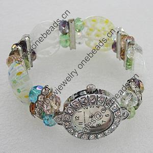 Alloy Watch Bracelets, with Glass Crystal Beads, Millefiori Glass Beads and Rhinestone, Watch Size: 31X21mm, Sold by PC