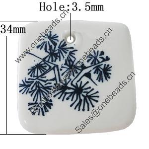 Ceramics Pendants, Square 34mm Hole:3.5mm, Sold by PC