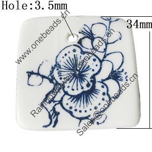 Ceramics Pendants, Square 34mm Hole:3.5mm, Sold by PC