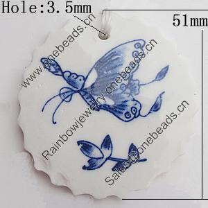 Ceramics Pendants, Flat Round 51mm Hole:3.5mm, Sold by PC