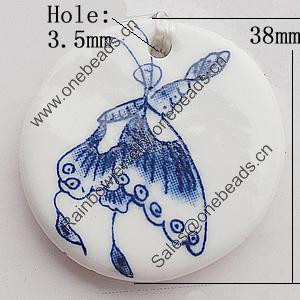Ceramics Pendants, Flat Round 38mm Hole:3.5mm, Sold by PC
