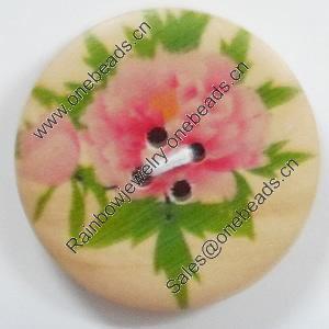 Wooden Button, Flat Round, 30mm, Hole:Approx 2mm, Sold by PC