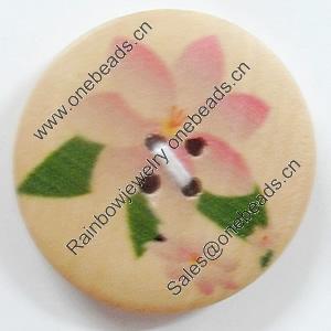 Wooden Button, Flat Round, 15mm, Hole:Approx 2mm, Sold by PC