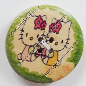 Wooden Button, Flat Round, 30mm, Hole:Approx 2mm, Sold by PC