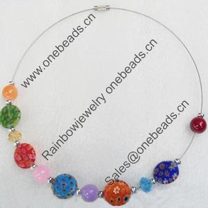 Fashionable Necklaces Steel Wire with Millefiori Glass Beads, Necklaces:about 16-inch long, Sold by Strand