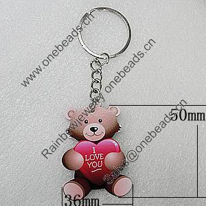 Key Chain, Iron Ring with Wood Charm, Bear 50x36mm, Sold by PC