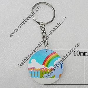 Key Chain, Iron Ring with Wood Charm, Flat Round 40mm, Sold by PC