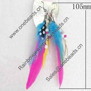 Fashional Earrings, Feather, Mix color, 105mm, Sold by Dozen 