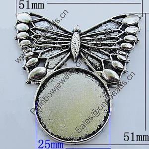 Zinc Alloy Cabochon Settings, Lead-free, Outside Diameter:51x51mm Inner Diameter:25mm, Sold by Bag