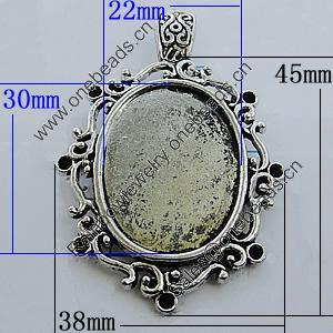 Zinc Alloy Cabochon Settings, Lead-free, Outside Diameter:38x45mm Inner Diameter:22x30mm, Sold by Bag