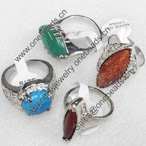 Metal Alloy Gemstone Finger Rings, Mix Color & Mix Style, 7x22-18x25mm, Sold by Box 