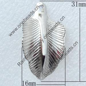 Jewelry findings, CCB Plastic Pendant Platina Plated, Leaf, 16x31mm, Hole:2mm, Sold by Bag